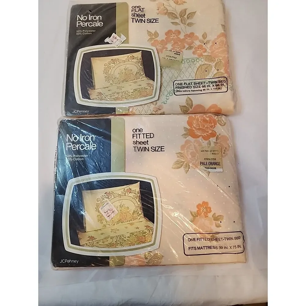 Vtg JCPenney No Iron Percale Fitted And Flat Sheets Floral Pale Orange Salmon